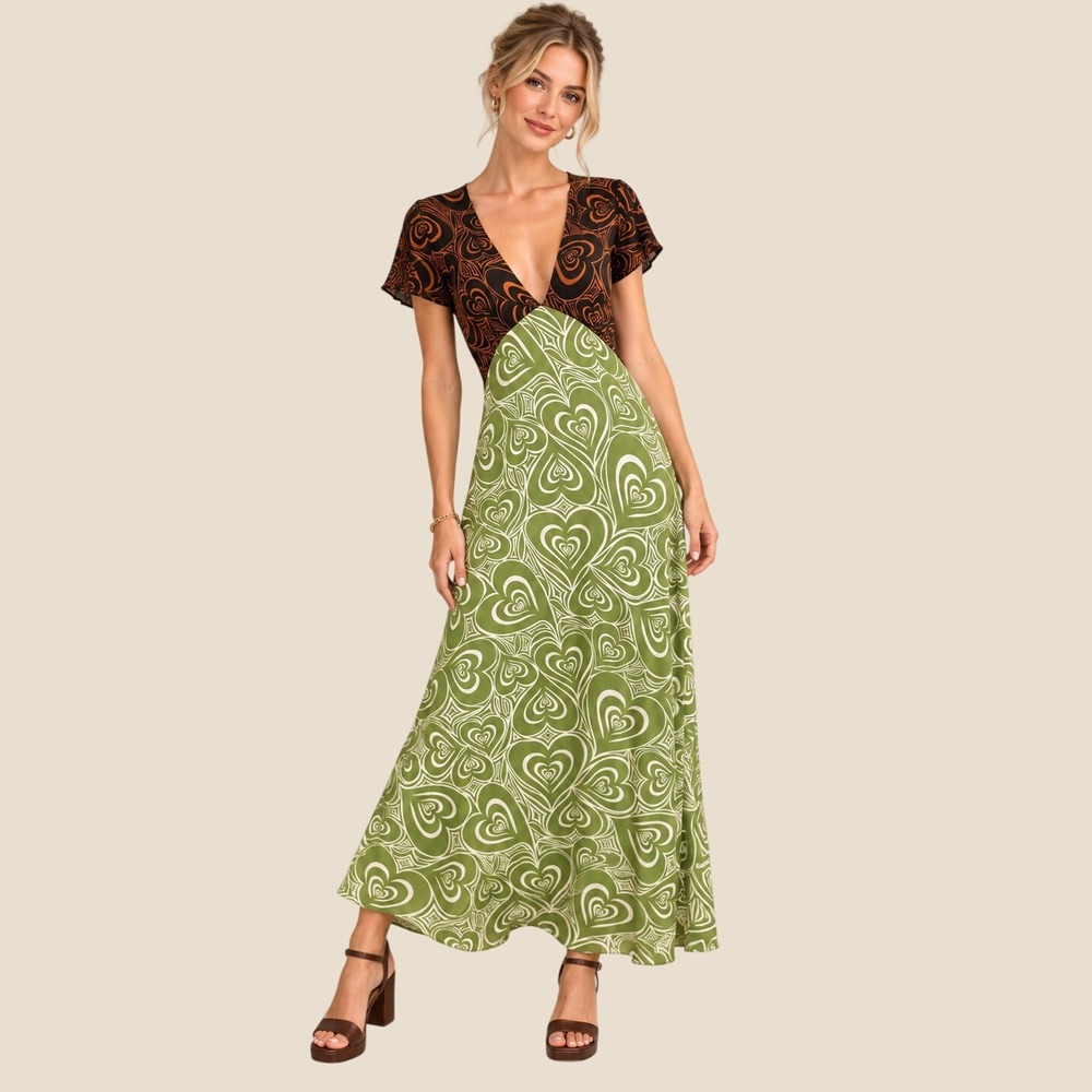 Lisa Says Gah Green Brown Psychedelic Heart Print V-Neck Midi Dress Size S
